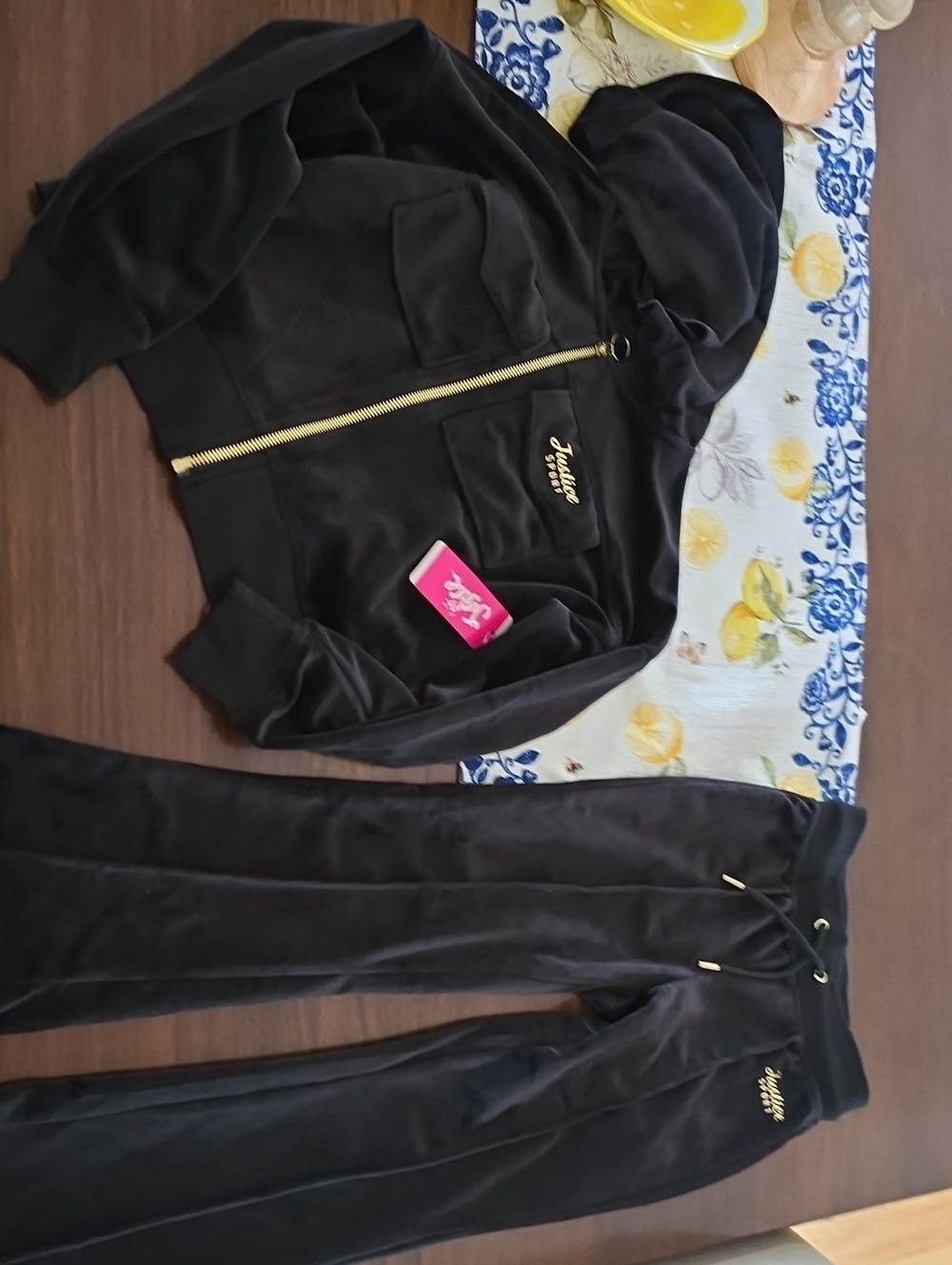 Justice Black Velour Hoodie & Jogger Set with Gold Accents In A Soft Velvet